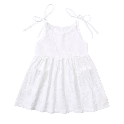 Children's clothing European and American children's summer solid color cotton and linen 2 side pocket suspender dress lace children's suspender dress