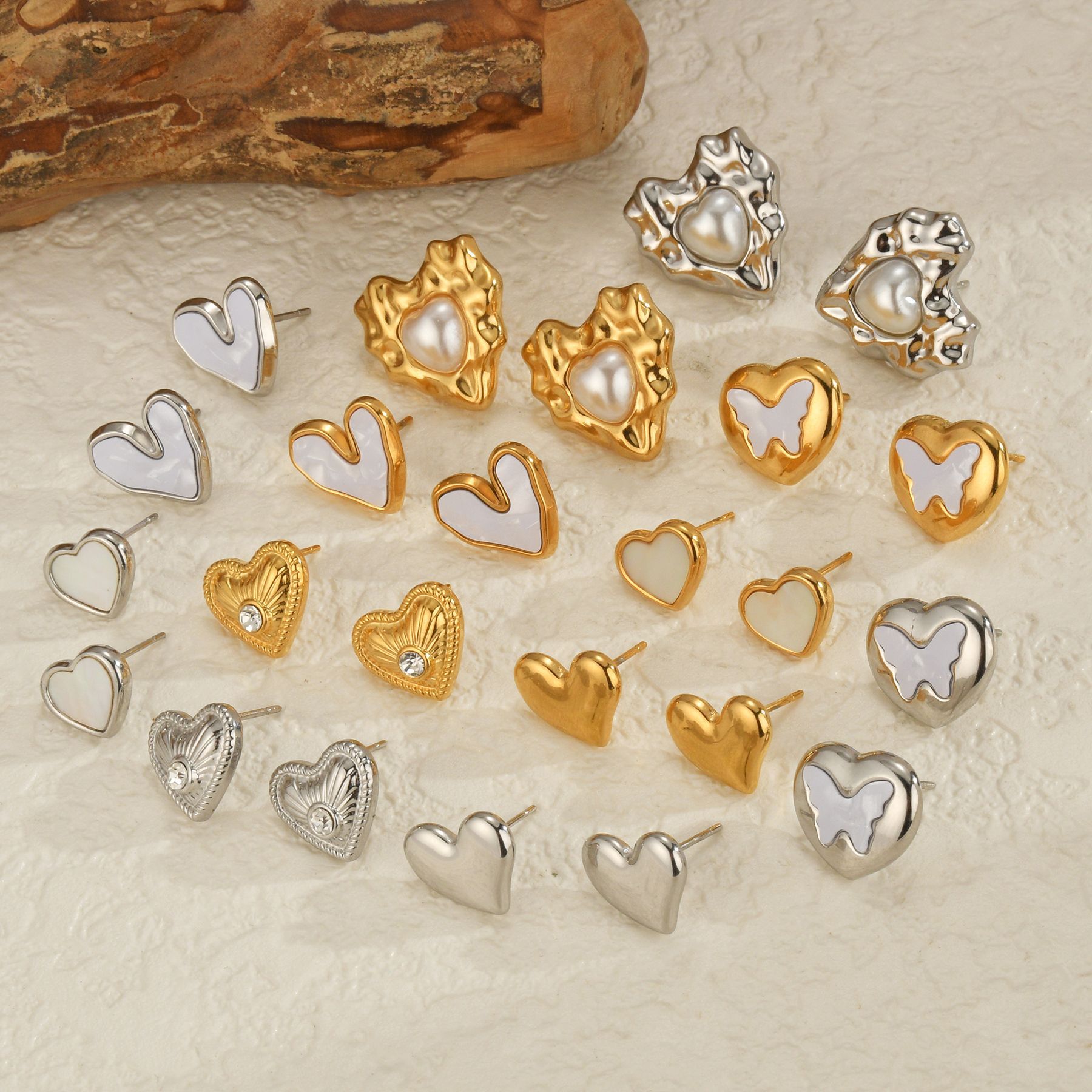 201 Stainless Steel Material Heart Shape, Flower Pattern 1 Pair IG Style Heart Shape Flower Plating 304 Stainless Steel Ear Studs
