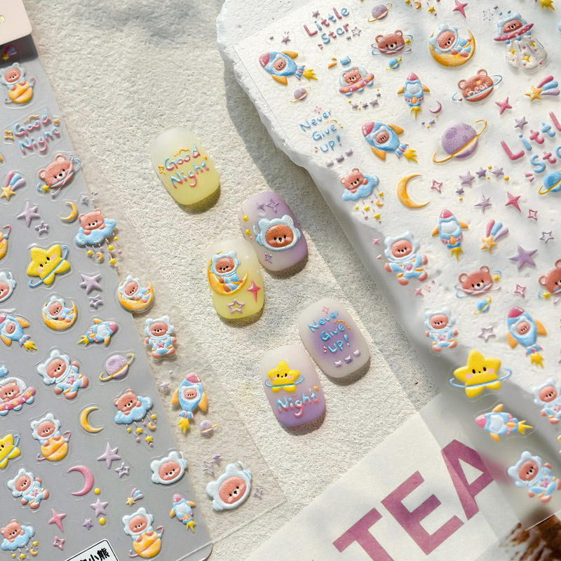 Internet Celebrity Embossed Iron Korean Style Cute Ins Nail Art Stickers Ts-4141 Space Bear Frosted Adhesive Nail Stickers