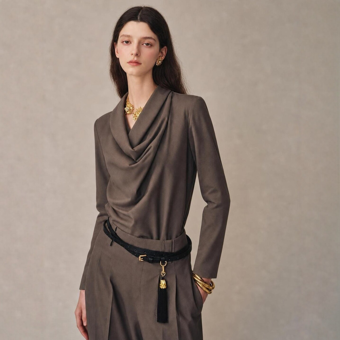 Anti-wrinkle, easy-care plain TR fabric elegant cowl-neck top, bias-cut shirt, and trousers suit for multi-season commuting wear