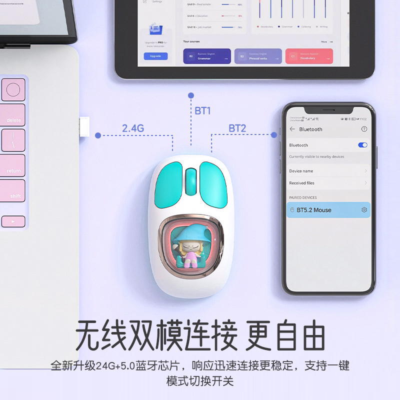 女の子用ワイヤレスマウス、サイレントオフィスコンピュータ、ノートブック、充電式、高価値ゲーム、Bluetooth携帯電話タブレット|undefined