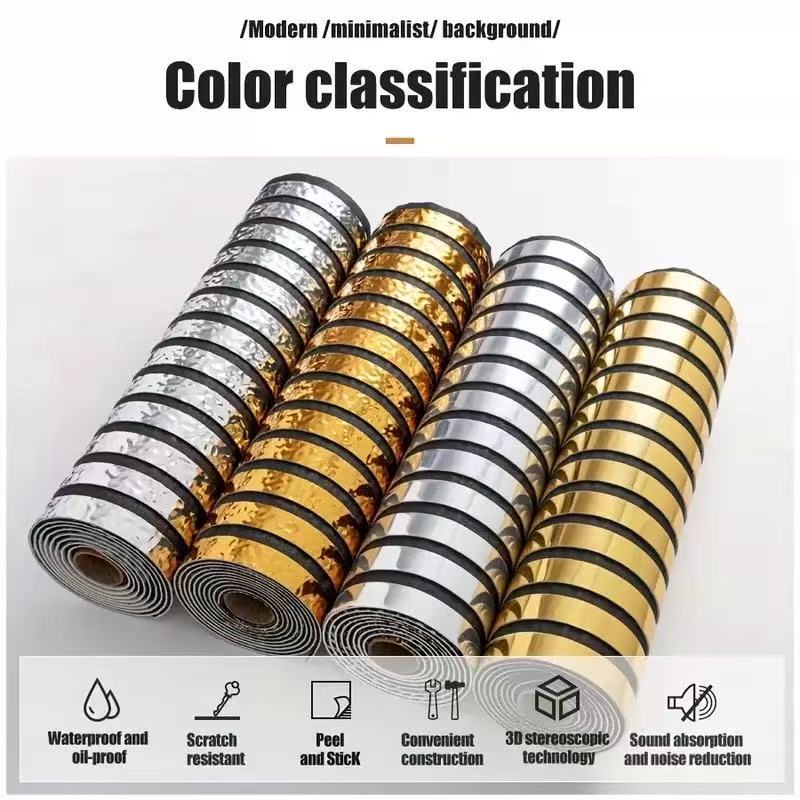 Cross-Border Export 3D Self-Grille Self-Adhesive Wall Stickers New Gold Silver Stripesd Restaurant Living Room Wallpaper Bedroom Background