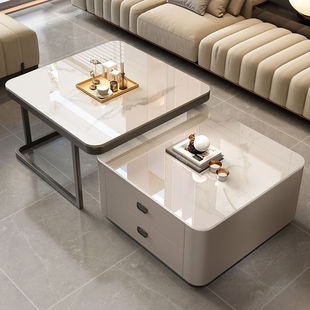 Coffee Table Living Room 2024 New Home Modern Simple Small Apartment Popular Square Glass Retractable Slate Tea Table