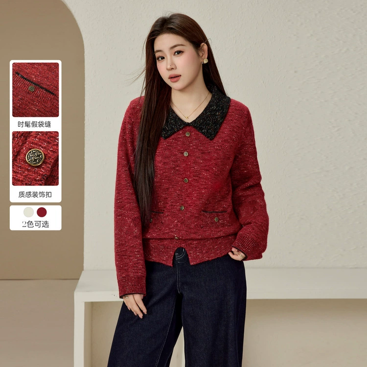 [Ретро темперамент тонкий и дикий свитер с лацканами на плечах] Толстый женский большой размер mm2024 зимний новый