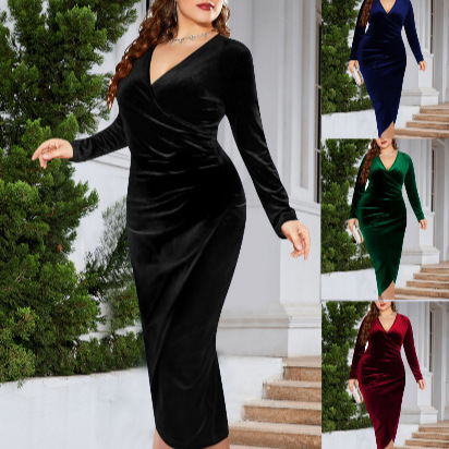 2025 European and American Cross-Border Amazon Fashionable and Elegant Plus Size Women's Long-Sleeved Hip-Hugging Dress