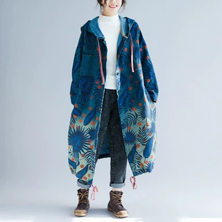 2025新款女大码风衣宽松显瘦连帽外套印花做旧抽绳流浪记气质款