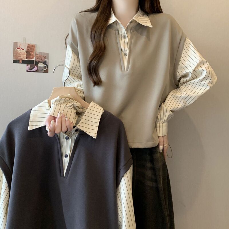 衬衫胖女装拼接马甲长袖秋季假两件条纹设计新款大码感韩系上衣|undefined