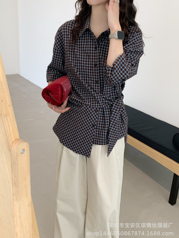琪镌绘制韩系格子长袖衬衫女装秋季新款宽松系带百搭衬衣上衣651|undefined