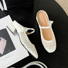 粗跟中跟镂空包头半拖鞋女夏外穿新款编织凉拖鞋沙滩凉鞋仙女穆勒