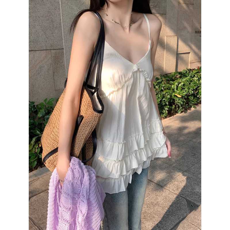 天丝面料+内里+打揽 韩系设计感层层花边波点流光吊带百搭上衣