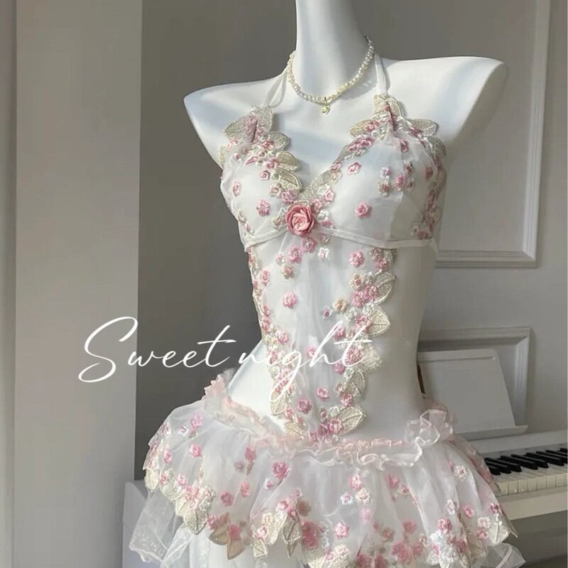 Plus Size New Fairy Academy Sexy Lace Hollow Suspender Skirt Pure Lust Style Embroidered Halterneck Lace-Up One-Piece Nightgown