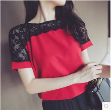 大码女装胖妹妹洋气雪纺衫200斤蕾丝拼接短袖上衣韩版小衫简约风