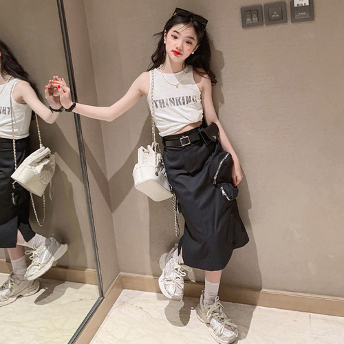 Girls' Summer Workwear Dress Set 2024 New Stylish Big Kids' Fashion Tank Top Summer Outfit Children's Two-Piece Set Trendy