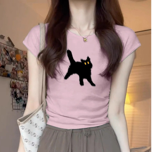 Women's Summer New Design Sensory Minority Pleated Fitted Short Sleeve T-Shirt Sweet and Spicy Short Top