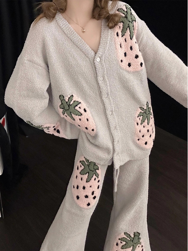 可爱卡通草莓印花睡衣女秋冬新款半边绒长袖长裤家居服套装可外穿|undefined