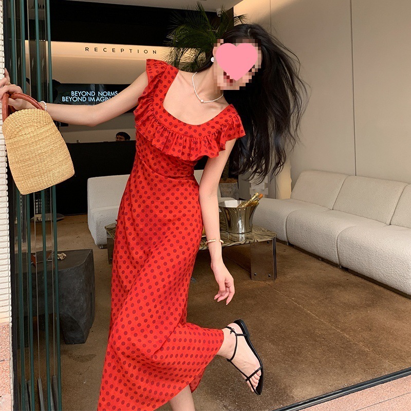 跨境法式复古波点连衣裙女荷叶边5夏斜裁修身度假红色裙子系带腰|undefined