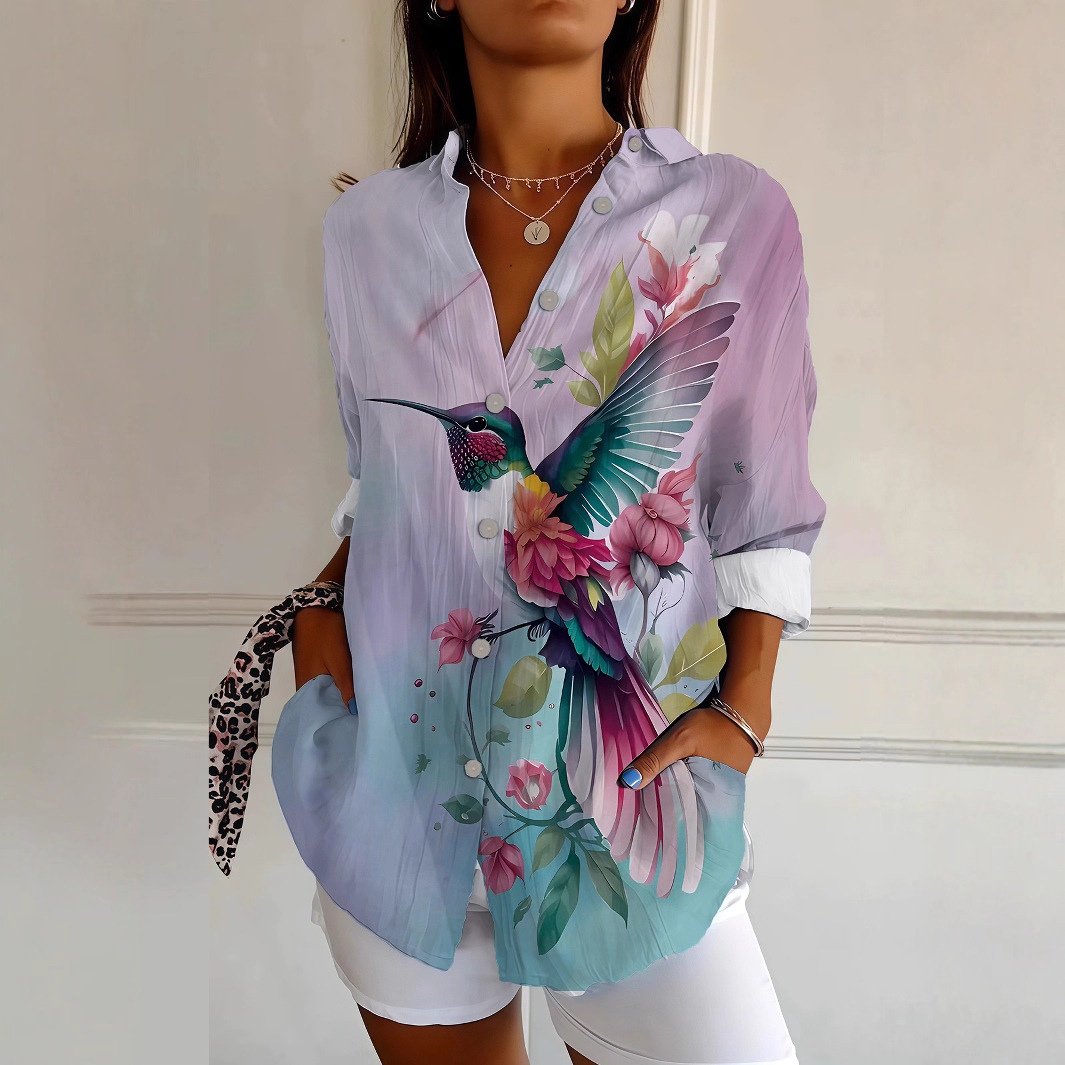 Independent Station L Cross-Border Women's New Long-Sleeved Button-Down Shirt Floral Women's Button-Down Shirt Casual and Comfortable