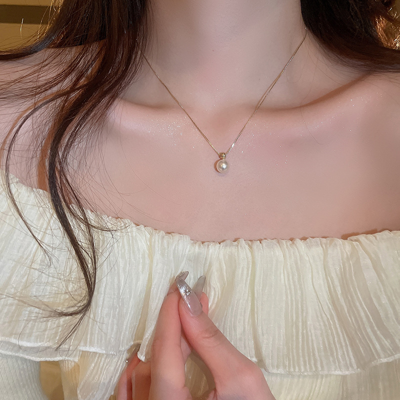 Modische französische Halskette mit einzelnem Perlenanhänger, leichte Luxus-Halskette, kleine vielseitige, hochwertige und elegante Halskette_voghion.com