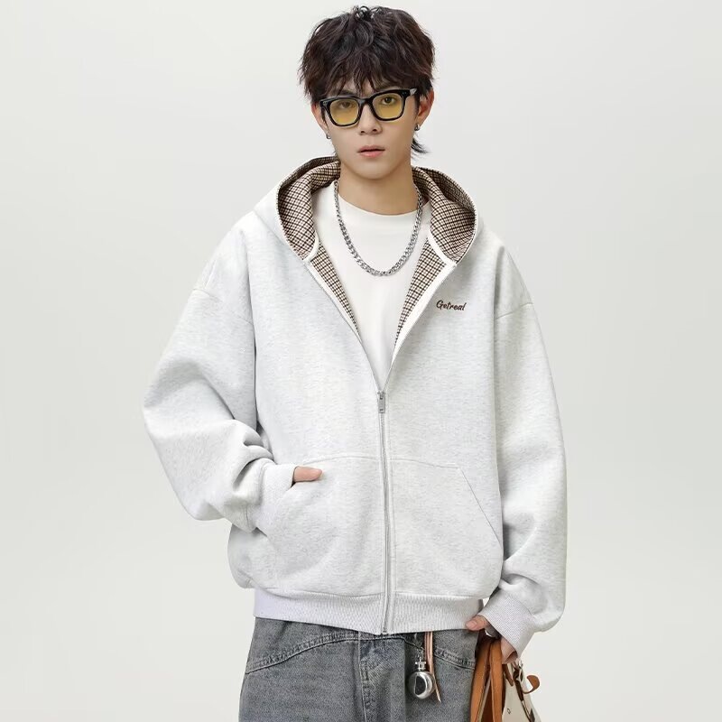 American-style solid color cardigan sweatshirt for men, cleanfit, double zipper, air layer, three-dimensional, loose, casual, hooded jacket, trendy American-style solid color cardigan sweatshirt for men, cleanfit, double zipper, air layer, three-dimensional, loose, casual, hooded jacket, trendy