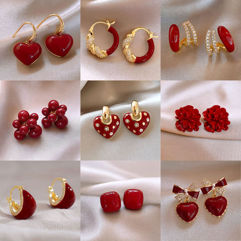 Ancola Red Bow Earrings suit Women's Silver Needle Autumn and Winter Retro Elegant Simple Festive Earrings Collection Ancola Red Bow Earrings suit Women's Silver Needle Autumn and Winter Retro Elegant Simple Festive Earrings Collection