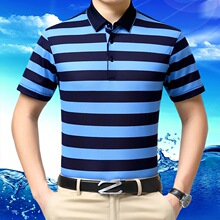 品牌t恤2025夏装高档中年男翻领桑蚕丝条纹短袖t恤衫免烫19221