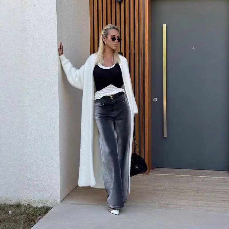 Cross-Border Imitation Mink Velvet White Knitwear Cardigan Outwear Women's Autumn and Winter Loose Plush Fluffy Long Cardigan