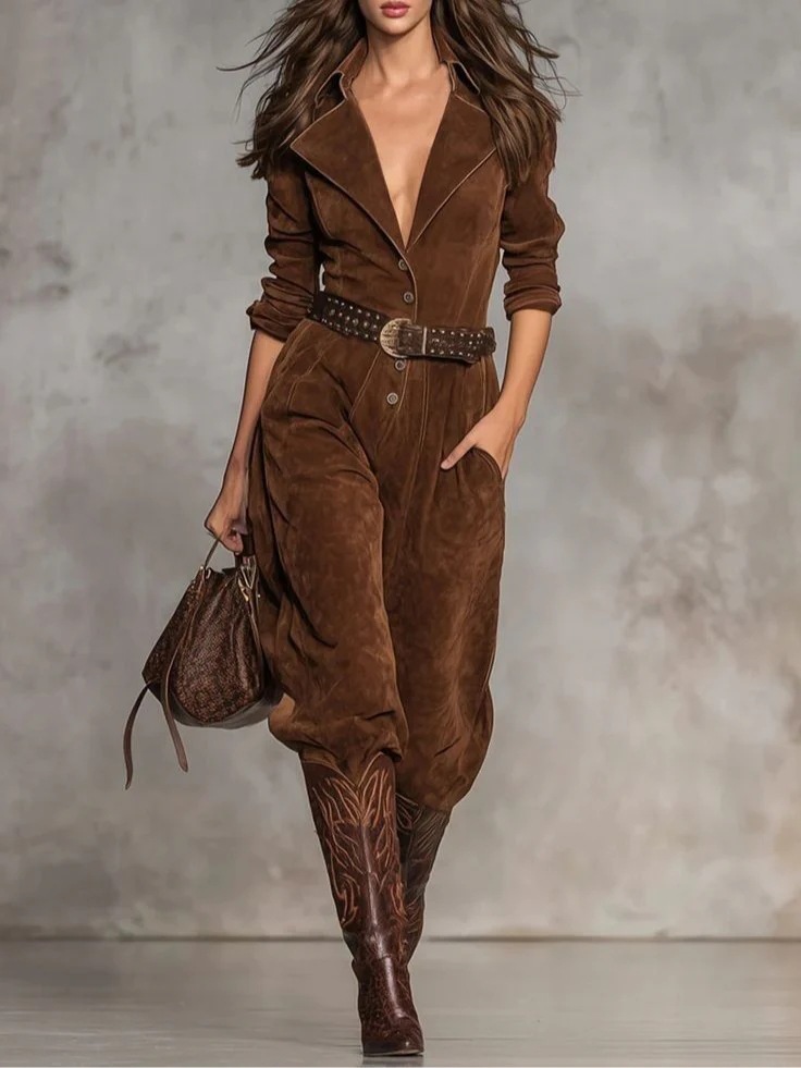 2025 Independent Site Autumn Thickened Fashion Long-Sleeve Lapel Single-Breasted Long Jumpsuit Jumpsuit Pants