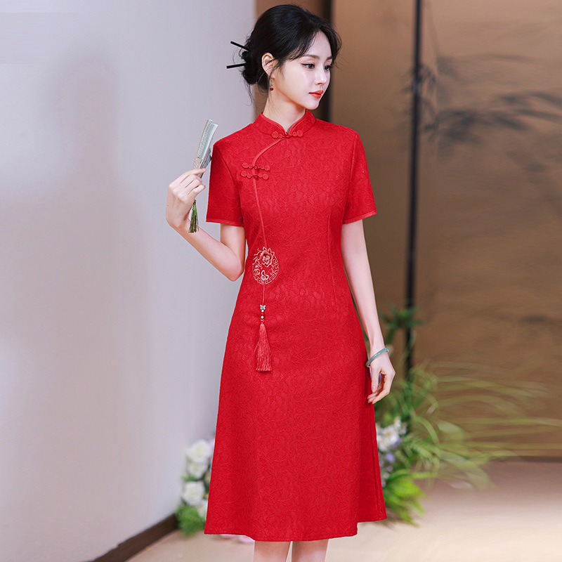 实拍中国风红色旗袍女夏季新款新娘敬酒服回门复古高考送考连衣裙