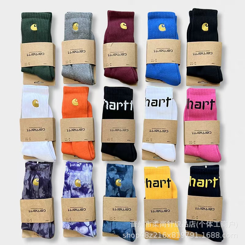 Carhartt Socks with Gold Label Embroidery, Mid-High Tube, Thick Thread, Towel Bottom, Unisex Casual Sports Socks