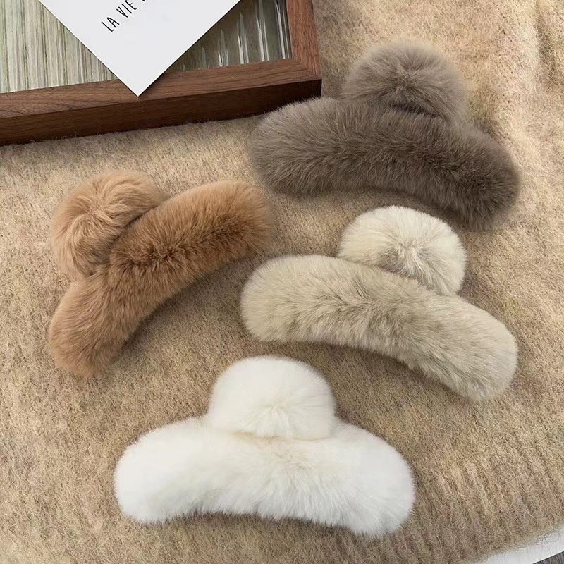 素敵な秋冬の本物のレッキスラビットファーの特大高級可愛いヘアクリップ2024年新作後頭部用シャークヘアアクセサリー