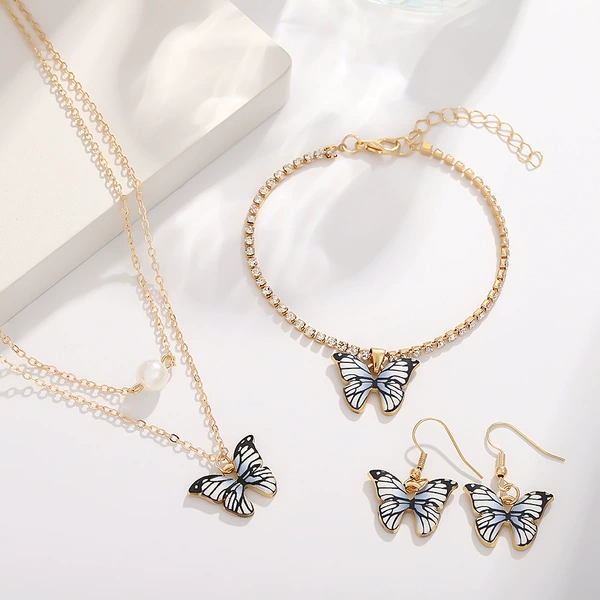 Black and White Pearl Double Layer Butterfly Set