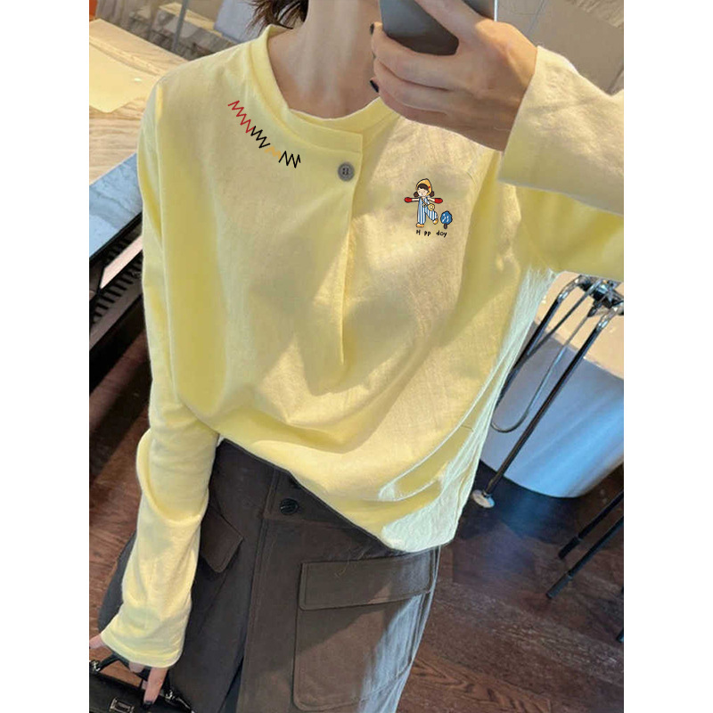 Korean Style Right Shoulder Yellow Loose Versatile Long-Sleeved T-Shirt for Women in Spring and Autum High-Bottom One-Button Half-Collar Bottoming Shirt Korean Style Right Shoulder Yellow Loose Versatile Long-Sleeved T-Shirt for Women in Spring and Autum High-Bottom One-Button Half-Collar Bottoming Shirt