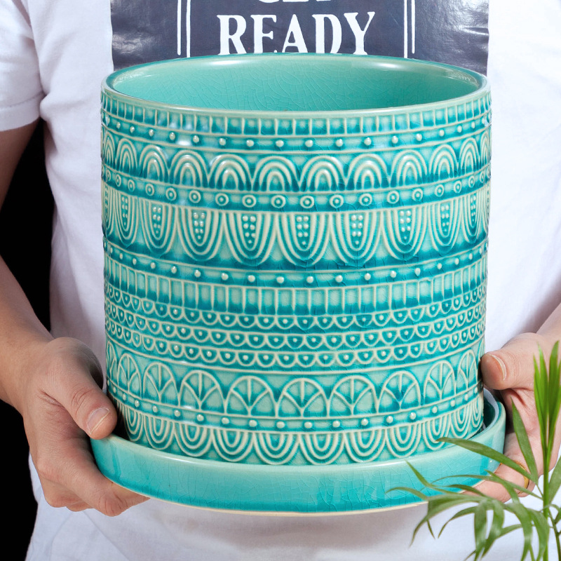 几何浮雕陶瓷花盆裂纹釉面现代简约一体式托盘大花盆出口跨境定制