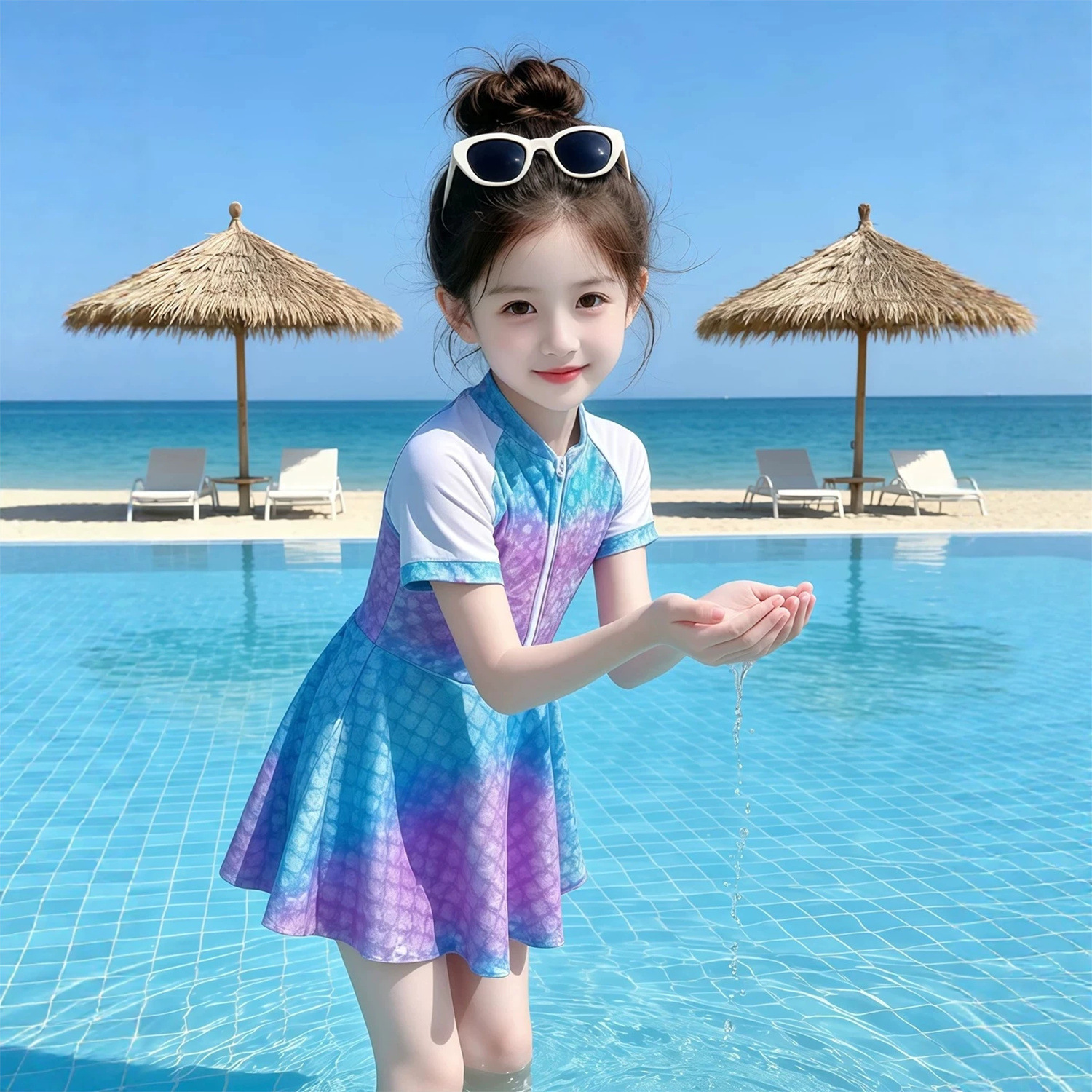 女童泳衣夏季新款儿童海边度假风美人鱼连体裙式泳装小女孩泡温泉