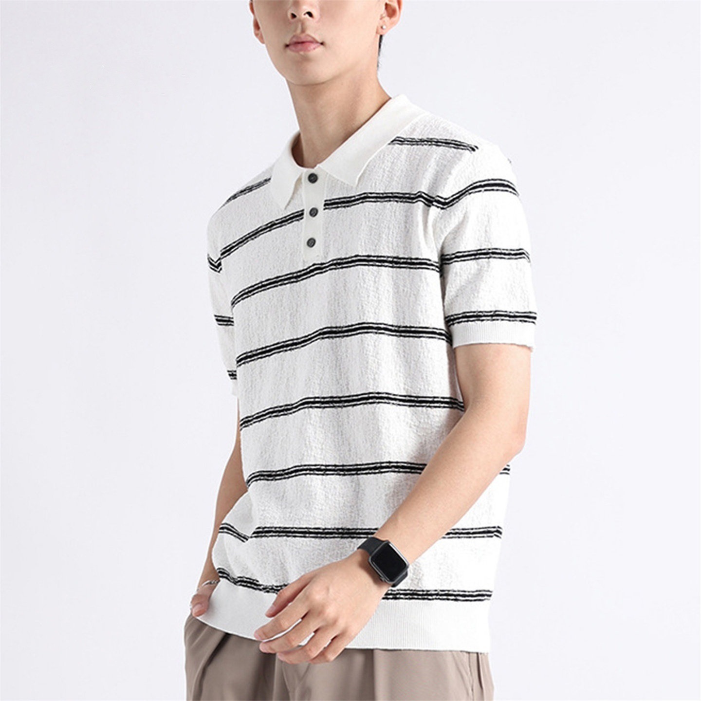 Polo camiseta de punto camiseta de manga corta hombre con solapa estriada textural vieja camiseta de hielo de verano fábrica transfronteriza al por mayor