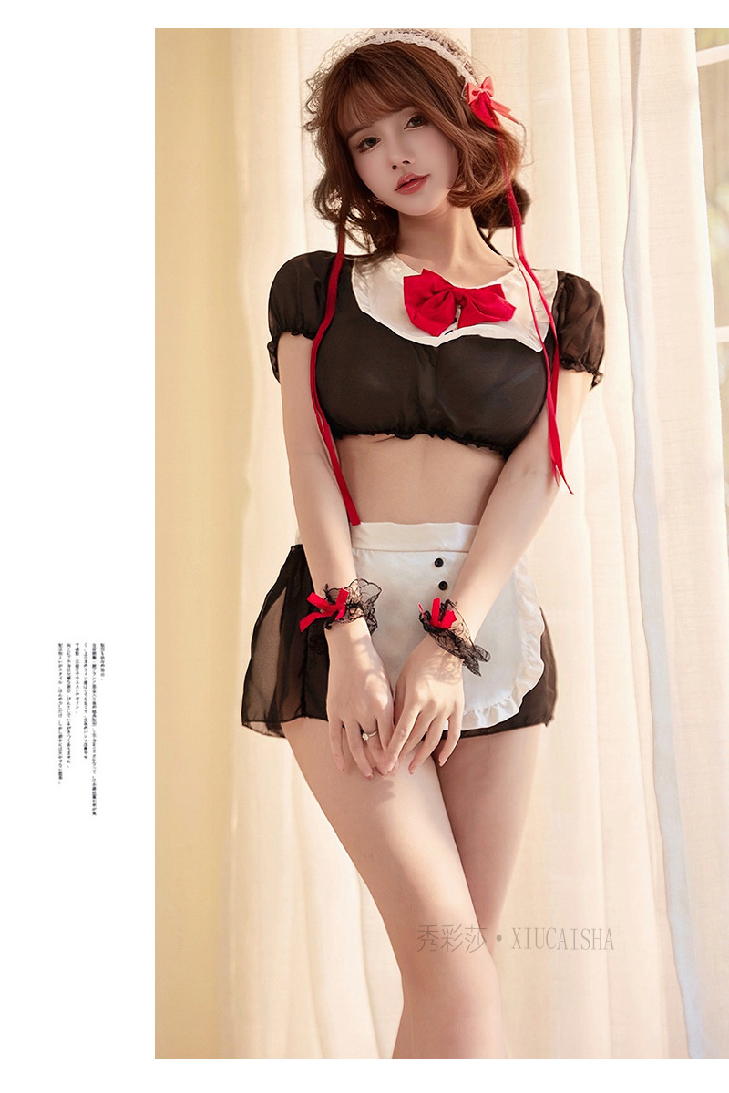 Maid Roleplay Lingerie Set with Headpiece, Top, Skirt, Thong and Wristbands — detail image 14