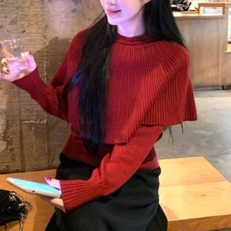Kaning French-Style Red Cape Fake Two-Piece Pullover Knitwear 2026 Autumn and Winter New Design Sweater Inner Layer