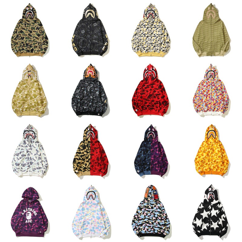 Cross-border wholesale Japanese fashion camouflage ape embroidery shark mouth hooded cardigan sweater jacket