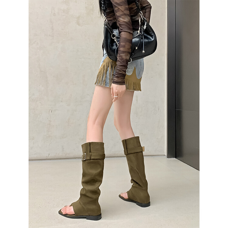 Boot nữ cổ cao ôm bắp chân da thật phong cách miền Tây — mơ, nâu chi tiết 48