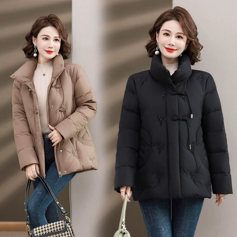 Пуховик для матери Женская короткая осенне-зимняя одежда в западном стиле 2023 Новая зимняя стеганая куртка для женщин среднего и пожилого возраста
