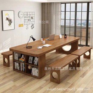 Creative Living Room Solid Wood Large Desk and Bookshelf Integrated Home Long Table Teenager Study Table Double Writing Desk
