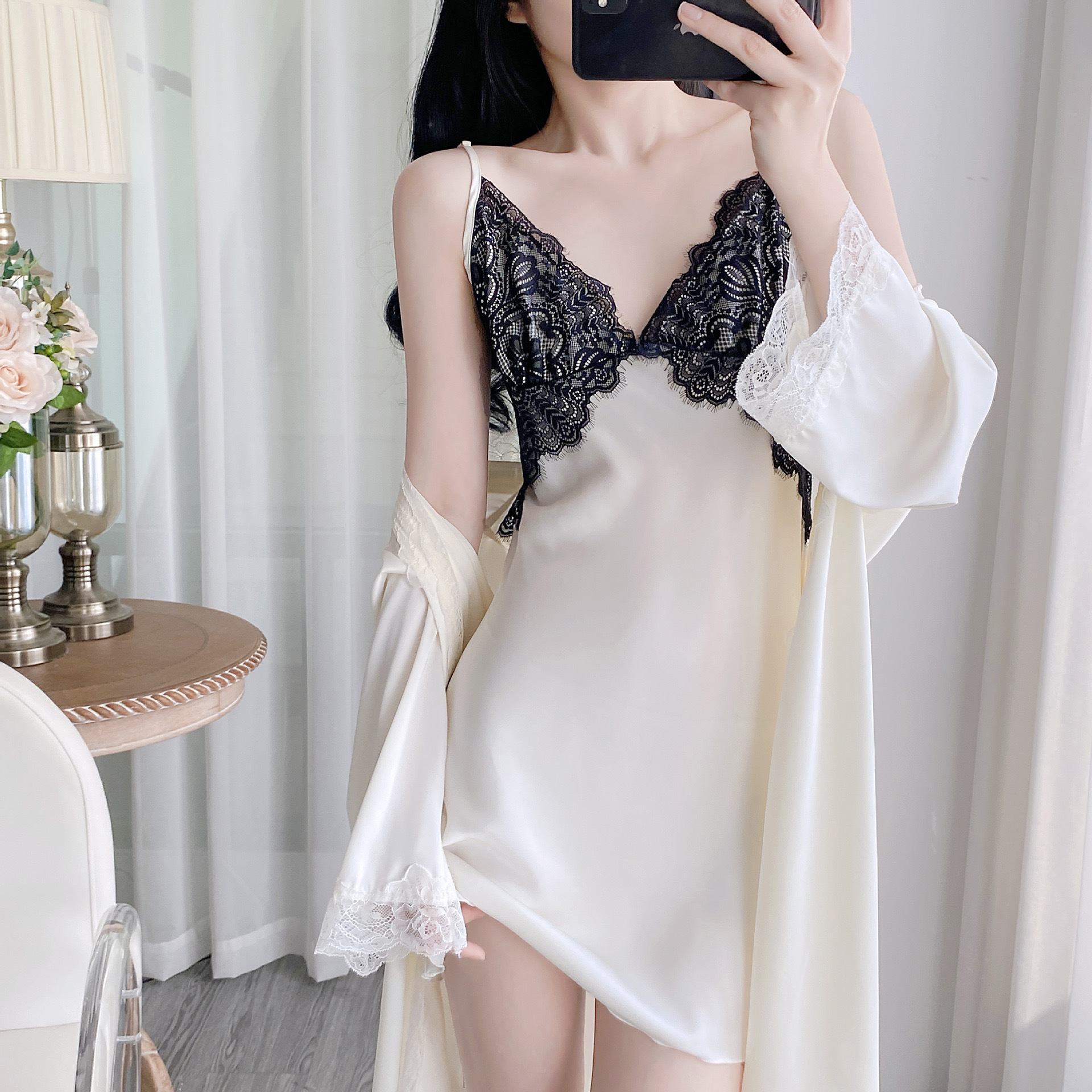 Short Sexy Lace Camisole Nightgown Two-Piece Set Ice Silk Pajamas for Women Pure Desire Style Purple Aura Live Broadcast