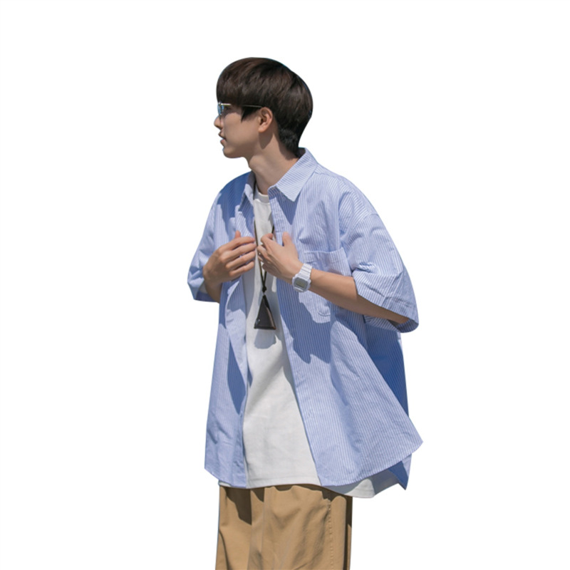 Japanese Striped Short-sleeved Shirt Men's Summer cityboy Casual All-match Lapel Shirt Trendy Brand Thin Coat Trendy