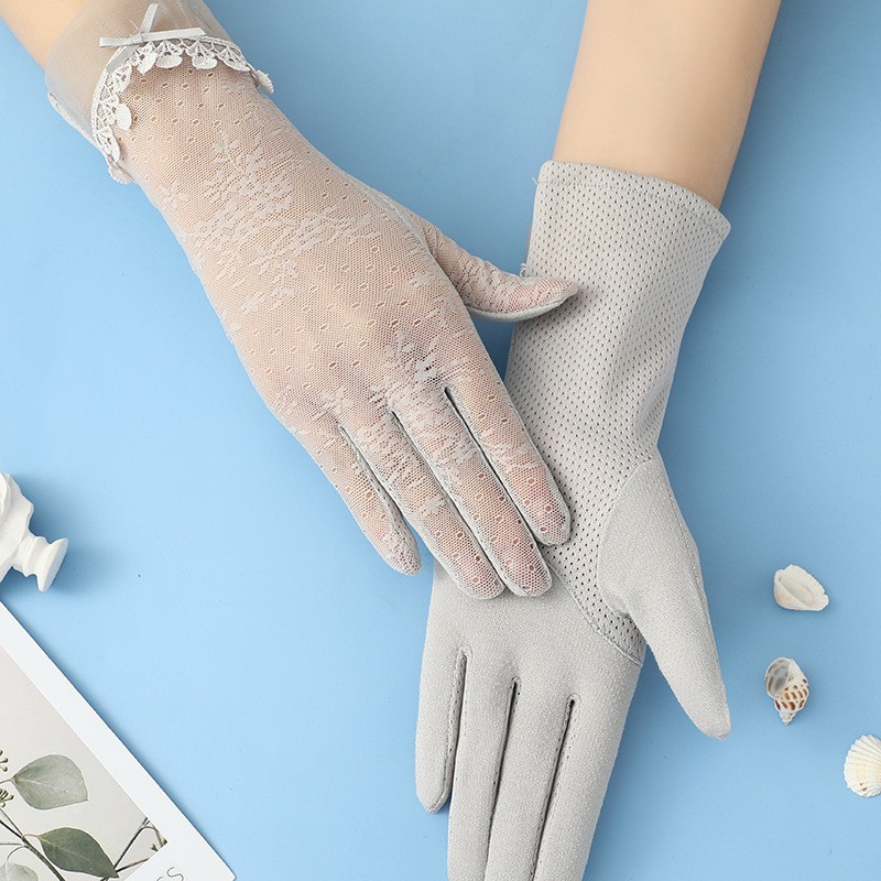 Guantes de protección solar primavera y verano encaje arco guantes de pantalla táctil de conducción de las mujeres transpirable al aire libre protección solar guantes de equitación