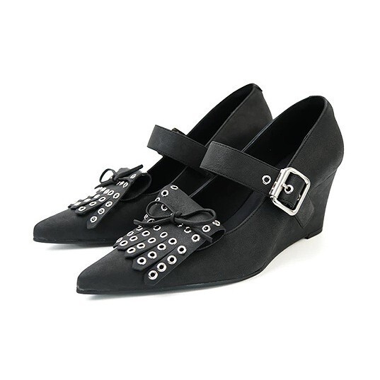 Moorey Black Pointed-Toe Women's Shoes, New Spring/Summer Model with Rivets, Genuine Leather, Retro Chunky Heel, Shallow Mouth High Heels for Commuting