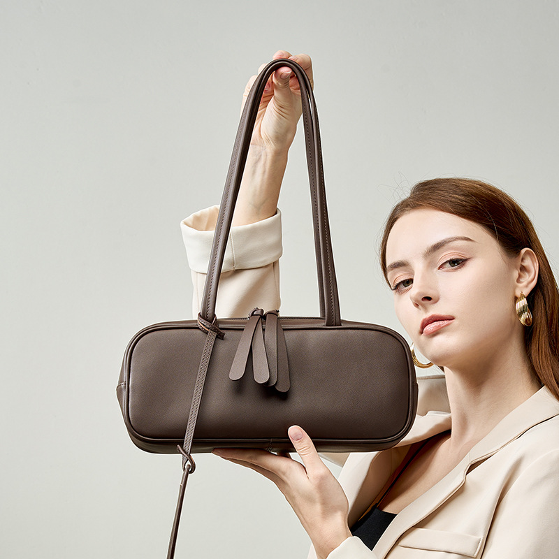 Top Grain Cowhide Bowling Bag For Women Korean Style - Niche Luxury Genuine Leather Baguette Underarm Bag For Commuting