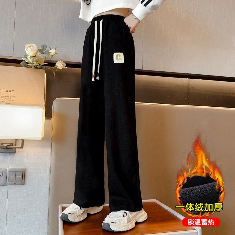 여자 캐주얼 스포츠 바지 기모 두꺼운 2024 가을 겨울 소녀 기모 스웨트 팬츠