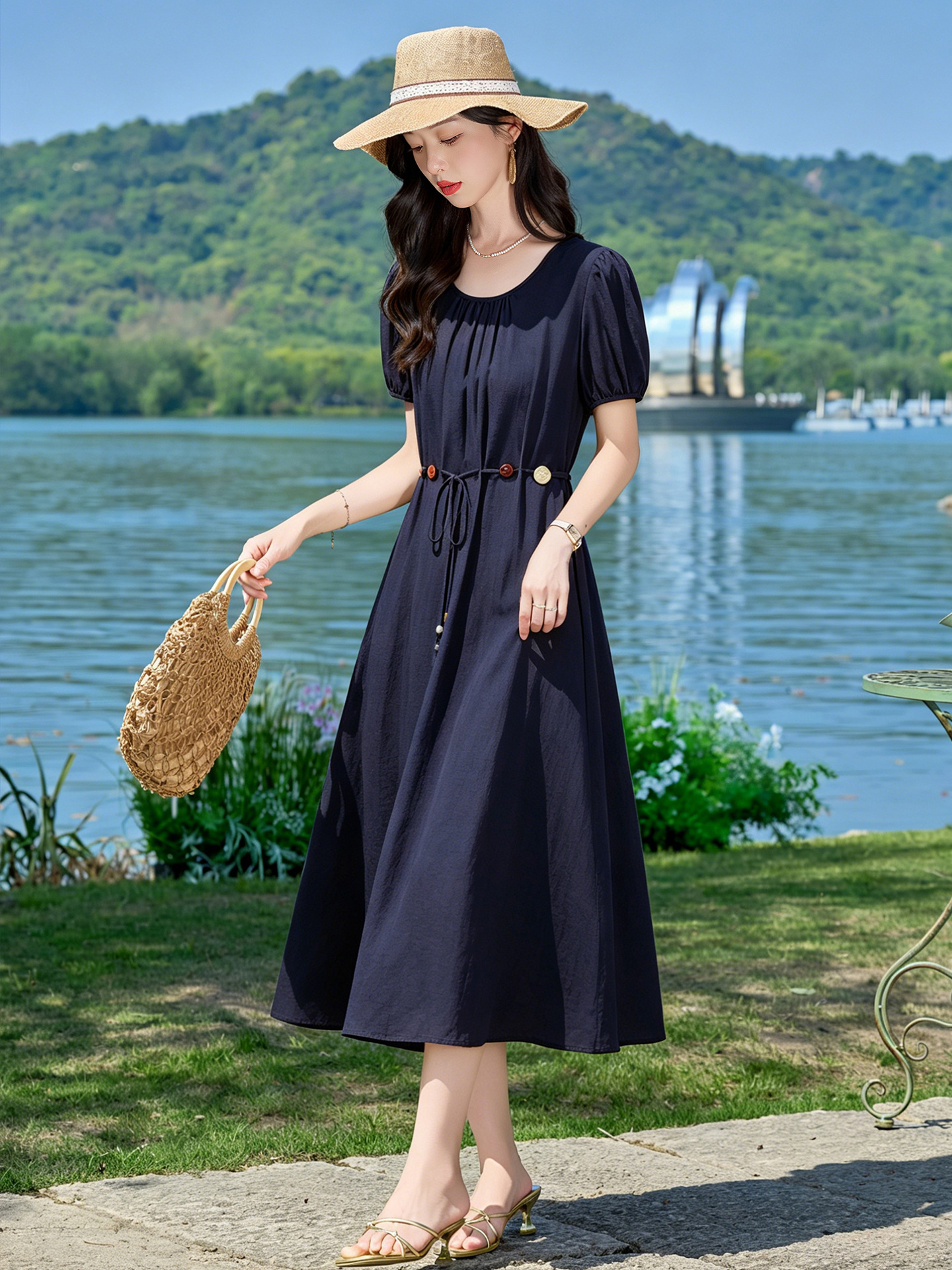Đầm suông midi cổ V eo thắt dây dáng chữ A tay ngắn — Xanh lông mòng đen, màu trắng, màu vàng