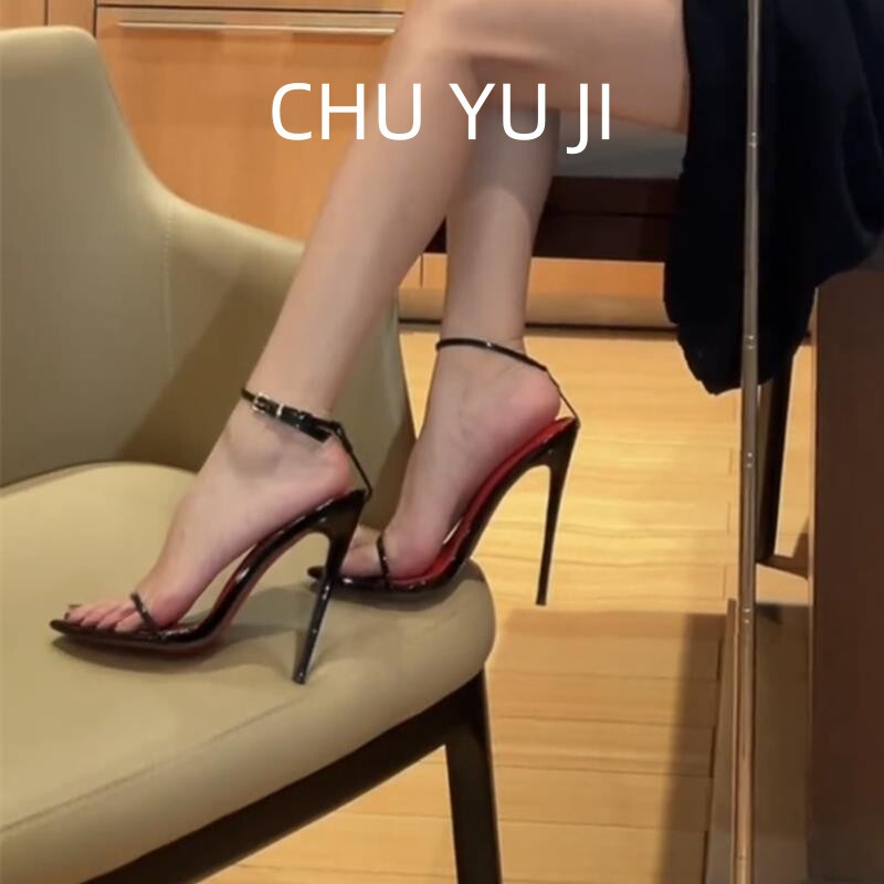 First Encounter with Minimalist Ultra-Thin High-Heeled Shoes with Straps, Sexy Wrist Straps, Thin Heels, and Red Sole Sandals
