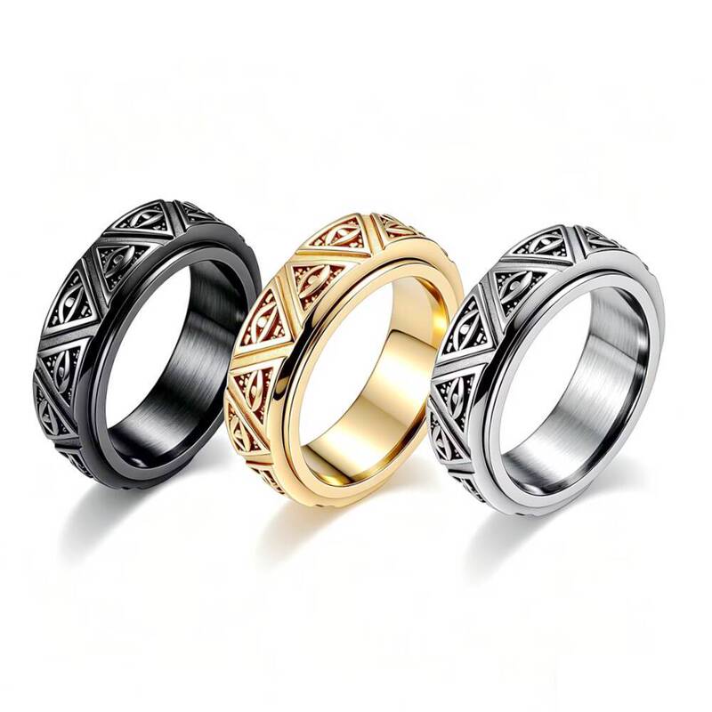 Eye of Horus Rotatable Titanium Steel Ring Ancient Egyptian Triangular Pyramid Guardian Personalized Hand Jewelry